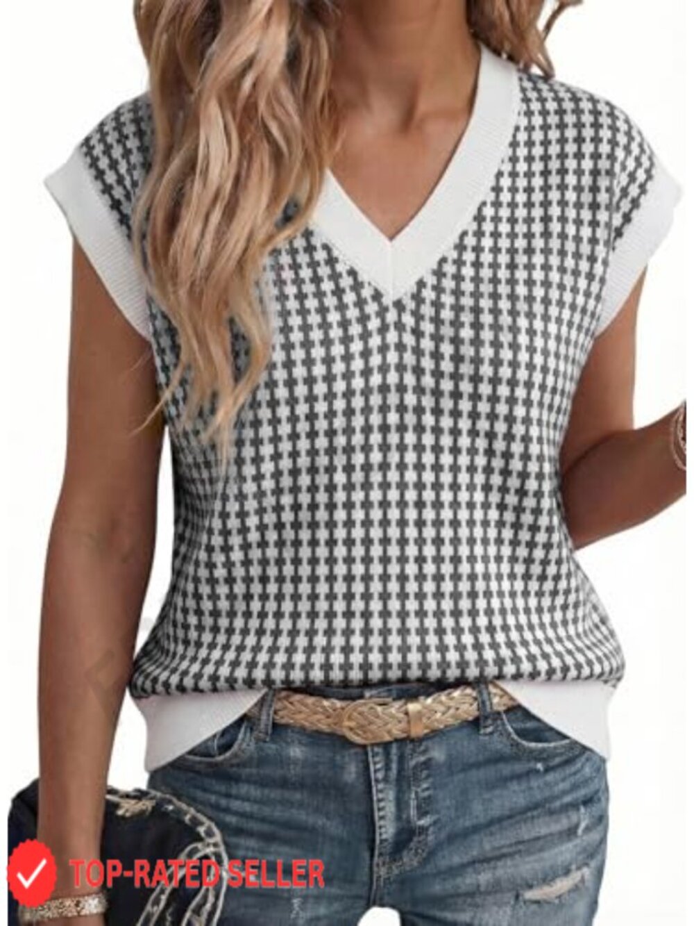 Womens Plaid V Neck Short Sleeve Knit Sweater Vest Loose Fit Pullover